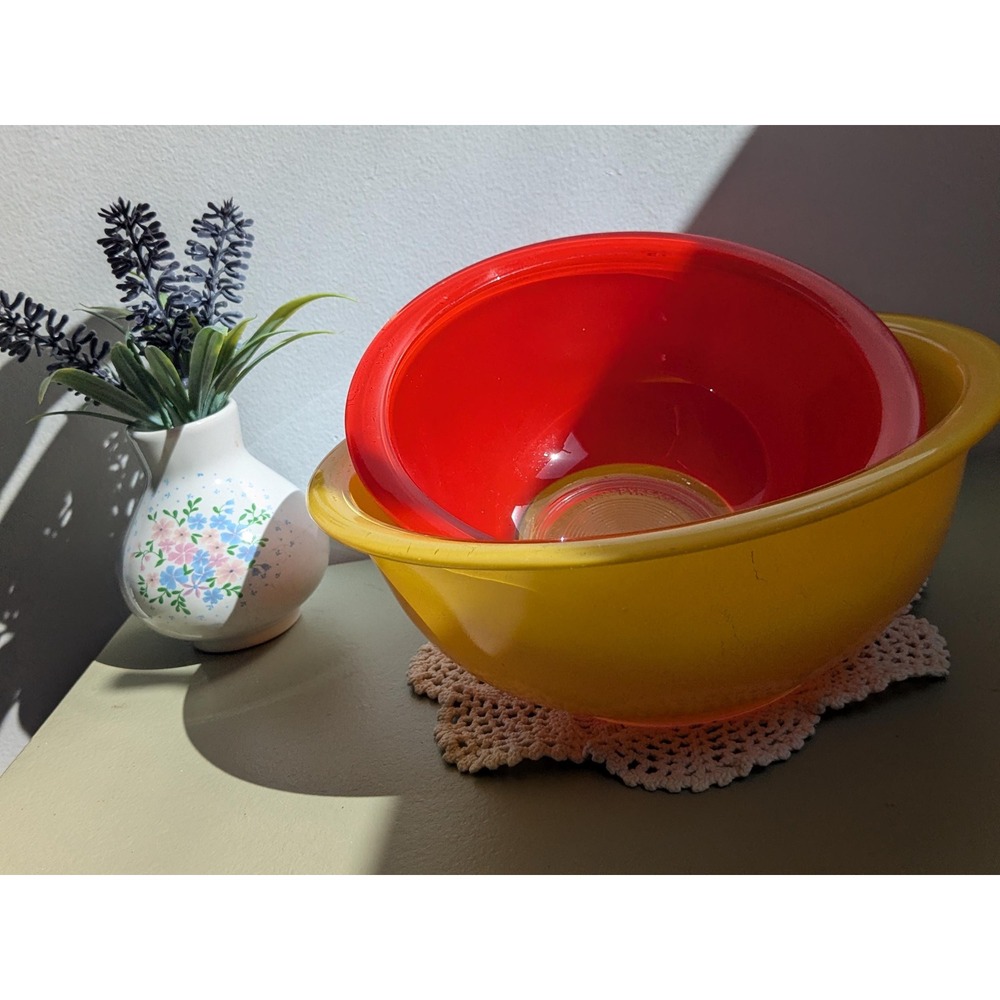 Vintage Pyrex Mixing Bowl Set Red & Yellow Nesting Bowls USA Set of 2